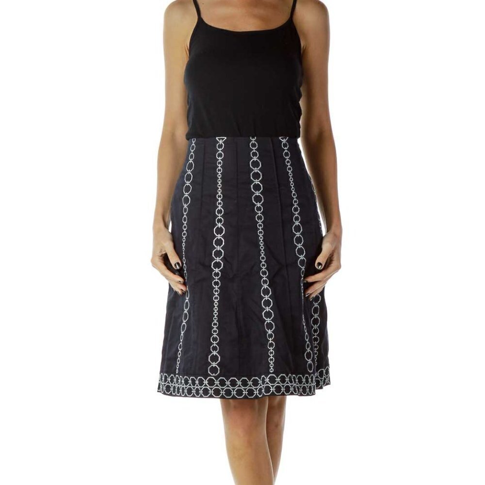 Ann Taylor Navy Silver Embroidered A-Line Skirt